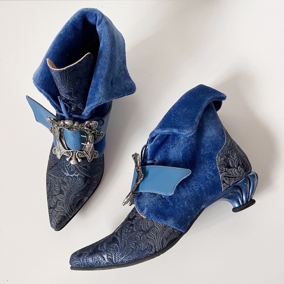 John Fluevog Shoes - John Fluevog Baroque Blue Velvet Embossed Leather Buckle Ankle Boots Womens 7.5